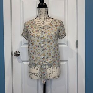 Wet Seal Short Sleeve Floral Tie‎ Front Button Up Blouse Top Size Small